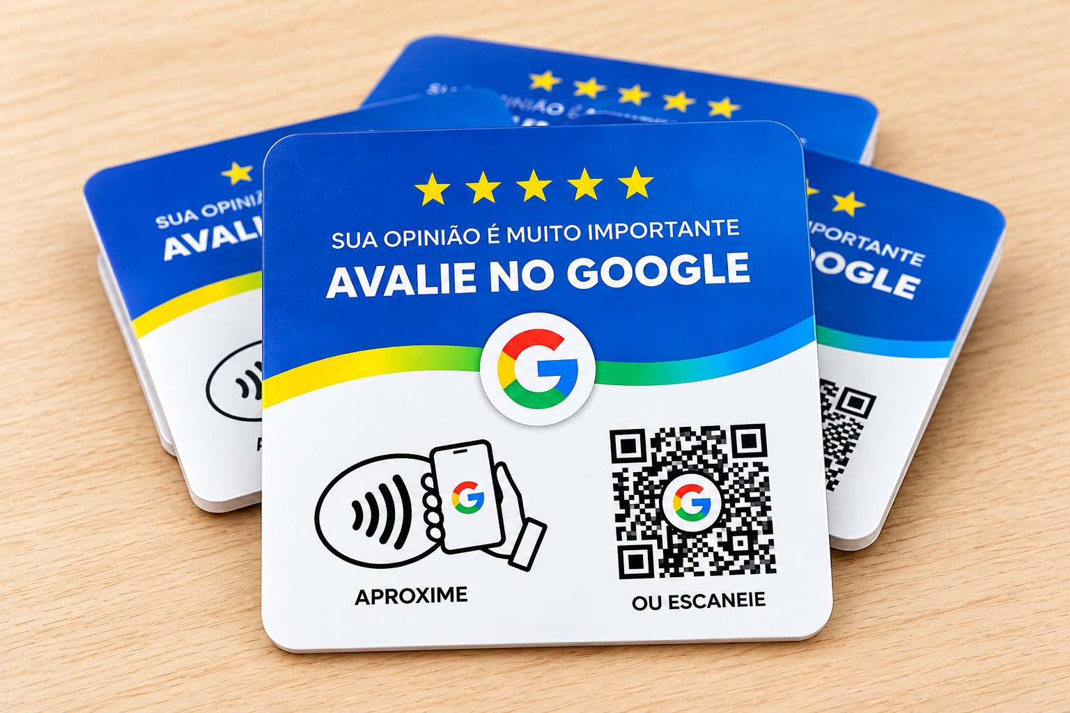Plaquinha azul de avaliação do Google com NFC e QR Code